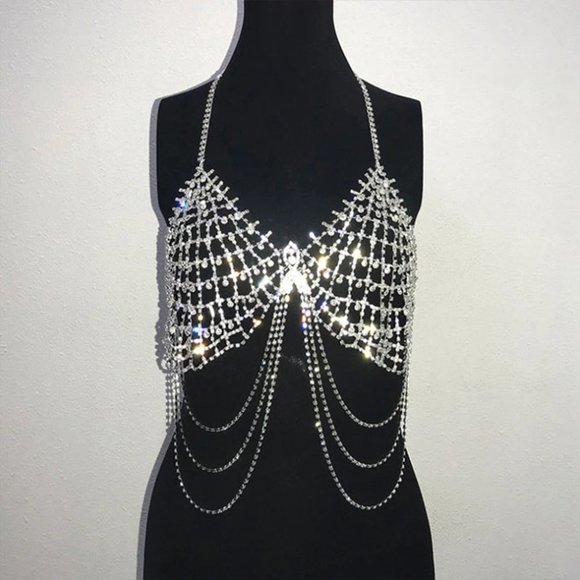 Chest Chain Jewelry Accessories Women Bling Body Chain Mesh Bra Body Jewelry - Picture 7 of 10